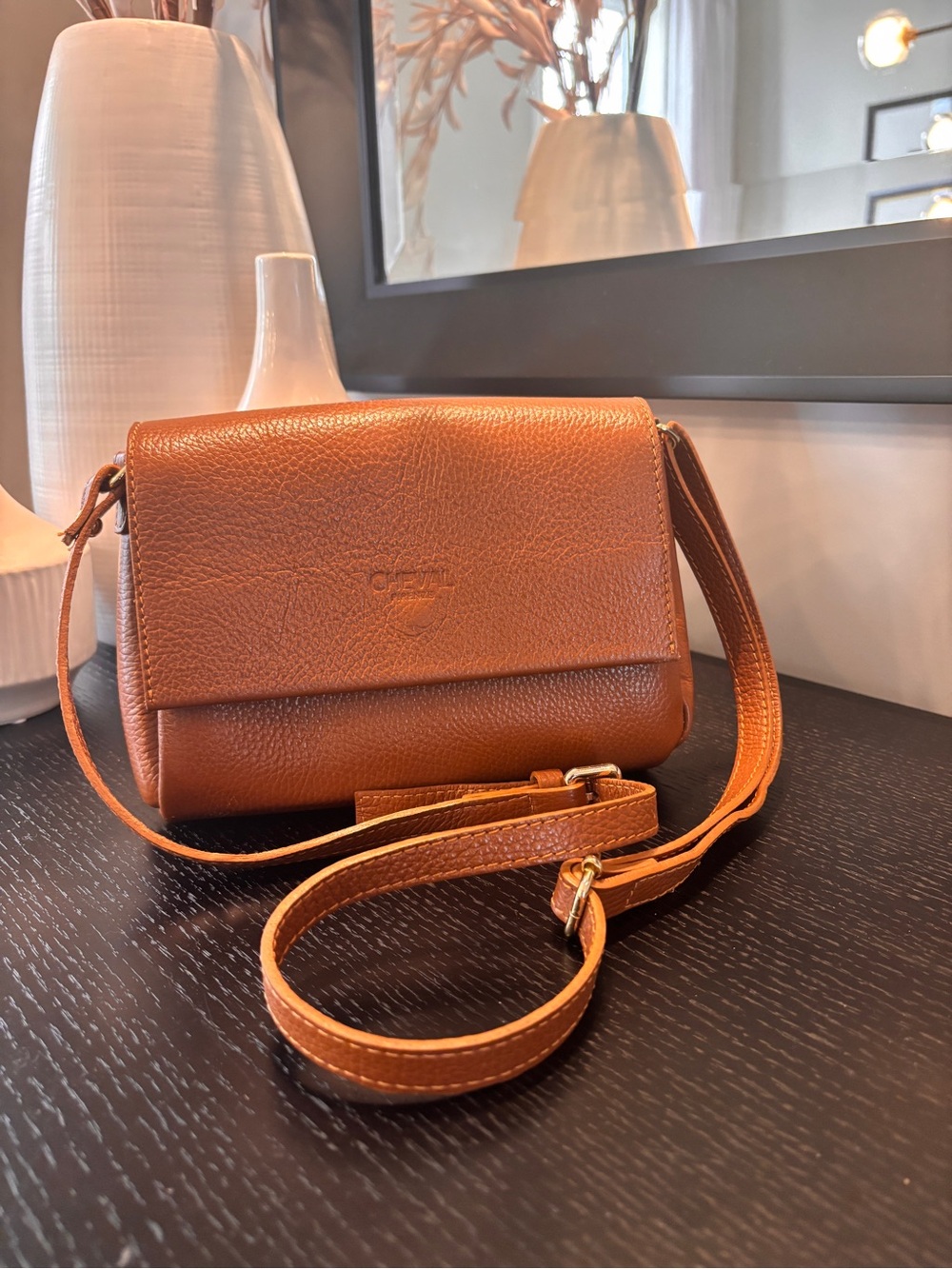 Pebbled Leather Crossbody Bag in Cognac Brown